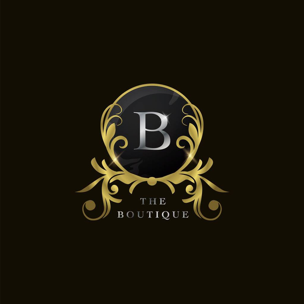 B Letter Golden Circle Shield Luxury Boutique Logo, Vektor-Designkonzept für Initiale, Luxusunternehmen, Hotel, Hochzeitsservice, Boutique, Dekoration und weitere Marken. - Vektor, Bild