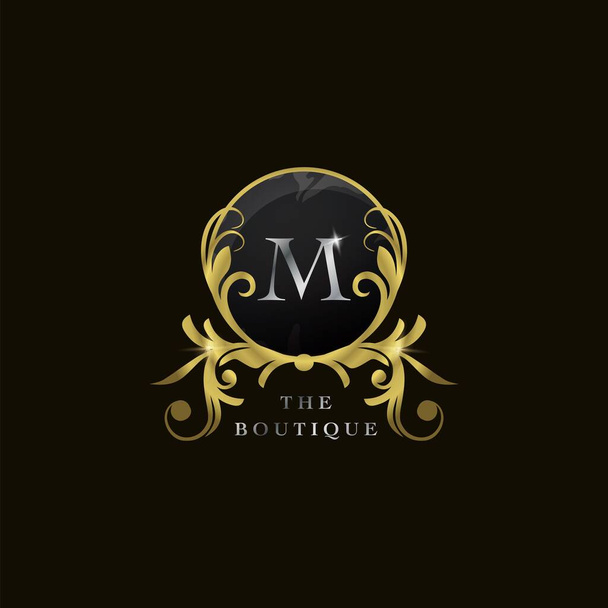 M Letter Golden Circle Shield Luxury Boutique Logo, Vektor-Designkonzept für Initiale, Luxusunternehmen, Hotel, Hochzeitsservice, Boutique, Dekoration und weitere Marken. - Vektor, Bild