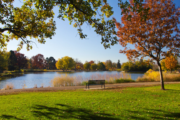 parkbank door het meer in de herfst - Foto, afbeelding