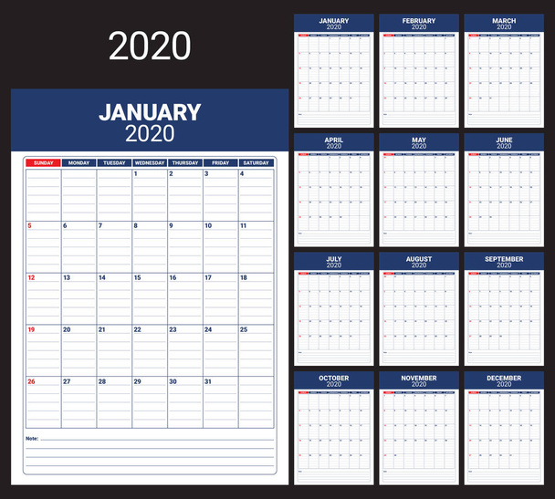 Έτος 2020 εικονογράφηση διάνυσμα ημερολόγιο γραφείο, απλό και καθαρό σχεδιασμό. - Διάνυσμα, εικόνα