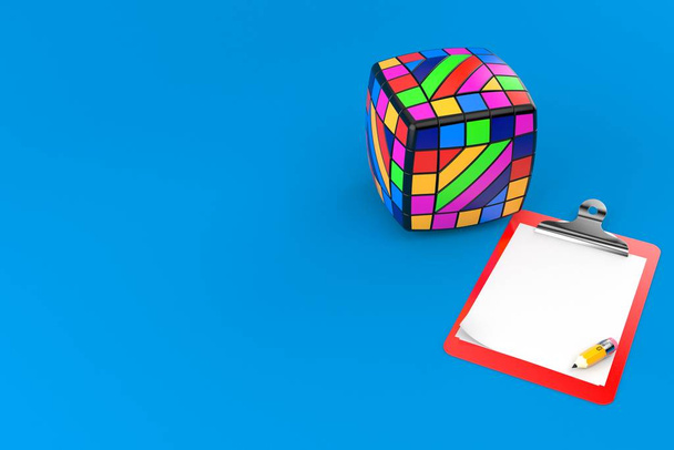 Hračky puzzle s prázdnou schránkou izolované na modrém pozadí. 3D ilustrace - Fotografie, Obrázek
