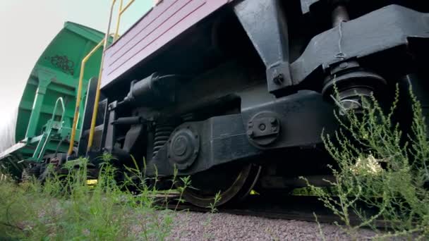 4k video of riding long cargo train with big train cars used for coal transportration. Concept of transportation and cargo using railways - Materiał filmowy, wideo