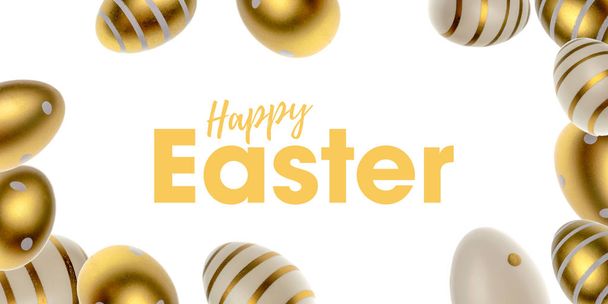 Easter egg hunt. Easter composition: golden shine decorated eggs in shape frame. Greeting card trendy design. for you poster or flyer. - Photo, Image