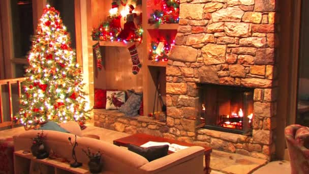 Yılbaşı arifesi şenlikli Noel ağacı oda dekorasyonu şöminede yanan odunların atmosfer döngüsü. - Video, Çekim