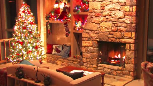 Slavnostní útulné krásné vánoční stromeček Nový rok uvnitř dekorace atmosféra smyčka záběr z kmene dřevo hořící v krbu - Záběry, video