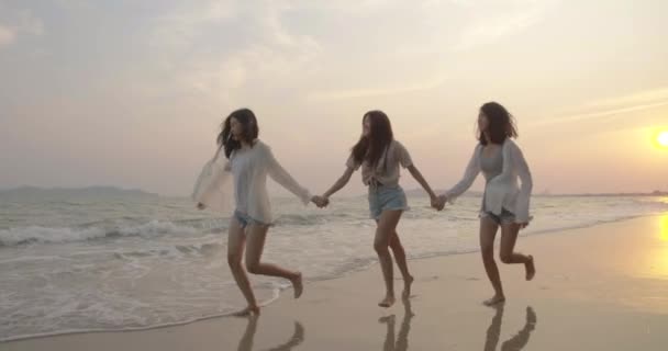 glimlachen gelukkig aziatische vrienden vrouwen samen lopen zee op strand zomer vakantie zonsondergang silhouet schemering reizen genieten van het leven weekend activiteit mensen levensstijl, slow motion 4K bioscoop camera - Video