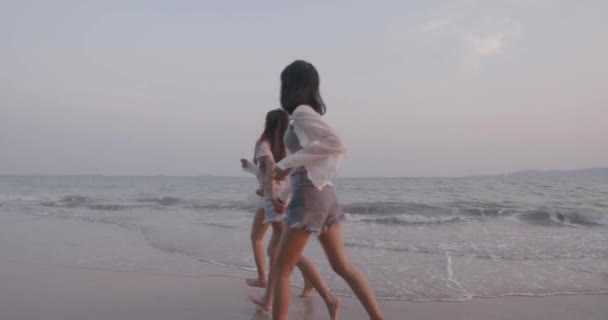 glimlachen gelukkig aziatische vrienden vrouwen samen lopen zee op strand zomer vakantie zonsondergang silhouet schemering reizen genieten van het leven weekend activiteit mensen levensstijl, slow motion 4K bioscoop camera - Video