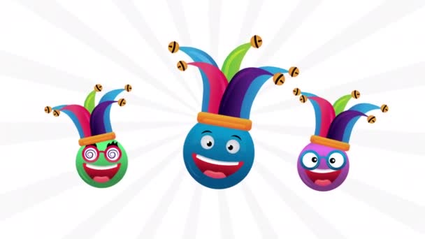 happy fools day card with crazy emojis and buffoons hats - Video