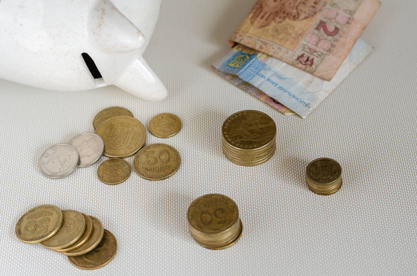 Inverted piggy bank next to coins banknotes. Ukrainian hryvnia a penny on a light background. Money of different denominations. Side view. Selective focus. Close-up. - Fotografie, Obrázek