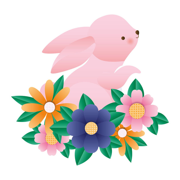 Cute rabbit cartoon with flowers and leaves vector design - Vector, Image