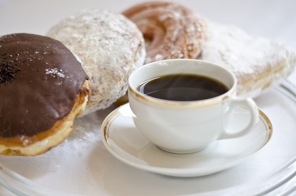 Good morning with coffee and 4 four types of tasteful donuts - Photo, Image