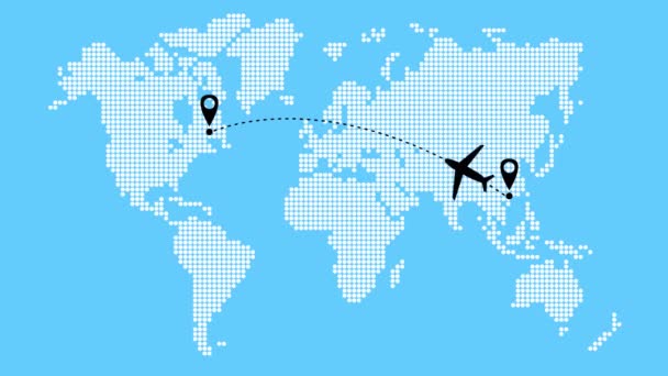 Das Flugzeug fliegt auf einer Flugbahn von Asien nach Amerika. Flugreisen. Flugzeuge fliegen von rechts nach links. Weltkarte aus Punktemuster auf blauem Hintergrund. - Filmmaterial, Video