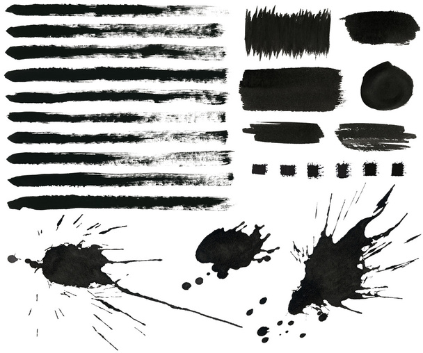 verzameling van grunge zwarte inkt penseelstreken, splesh, designelementen - Foto, afbeelding