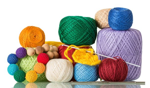 Large selection of yarn in different colors and textures for manual creativity, isolated on white background - Φωτογραφία, εικόνα