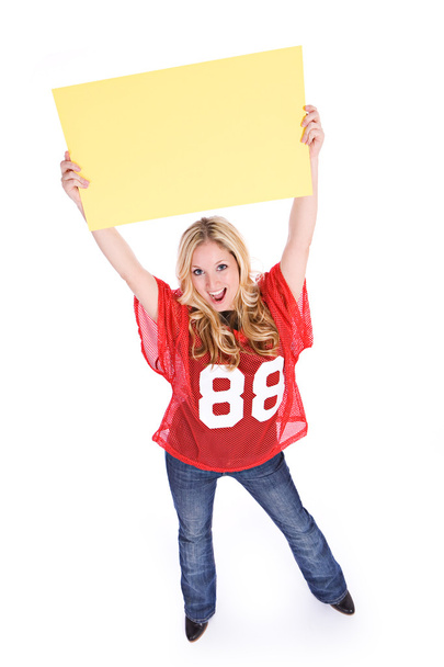 Football: Excited Woman Holding Up Blank Sign - Φωτογραφία, εικόνα