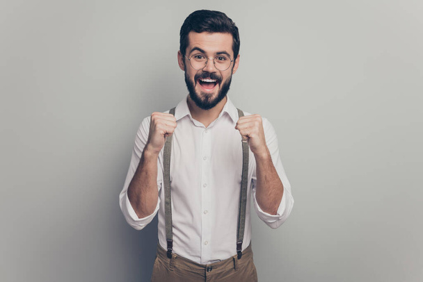 Portrait of crazy delighted collar modern ceo worker man get career development promotion news enjoy raise fists scream yes wear brown outfit isolated over grey color background - Fotoğraf, Görsel