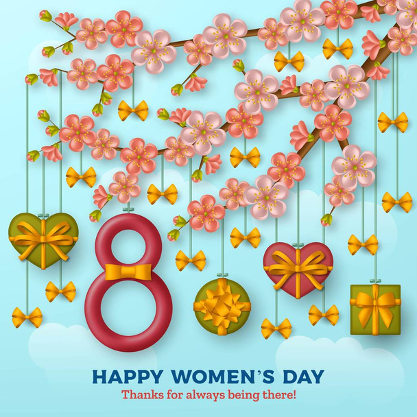 Fondo Feliz Día de la Mujer con figura ocho, rama de flor de sakura y cajas de regalo colgantes contra el cielo azul con nubes
 - Vector, Imagen