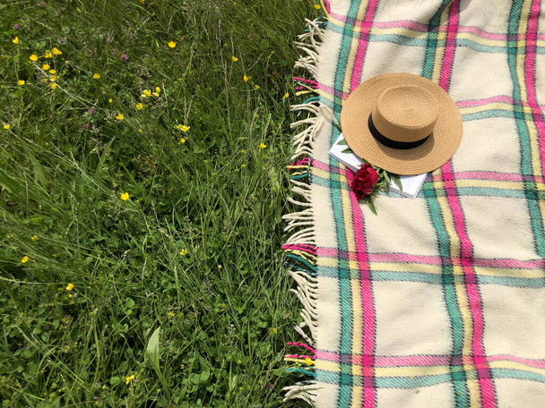緑の芝生の上の毛布の上に開いている本や赤い牡丹に帽子を投げます。コピースペース。ピクニックのコンセプト - 写真・画像