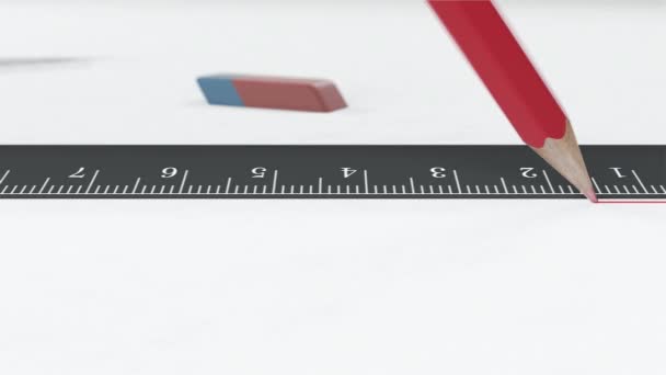 Red pencil draws a line along the ruler - Video, Çekim