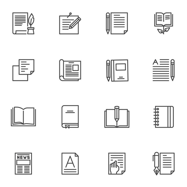 Writing notes line icons set. linear style symbols collection, Document edit outline signs pack. vector graphics. Set includes icons as inkwell and ink pen, book, notepad, reading, newspaper, magazine - Wektor, obraz