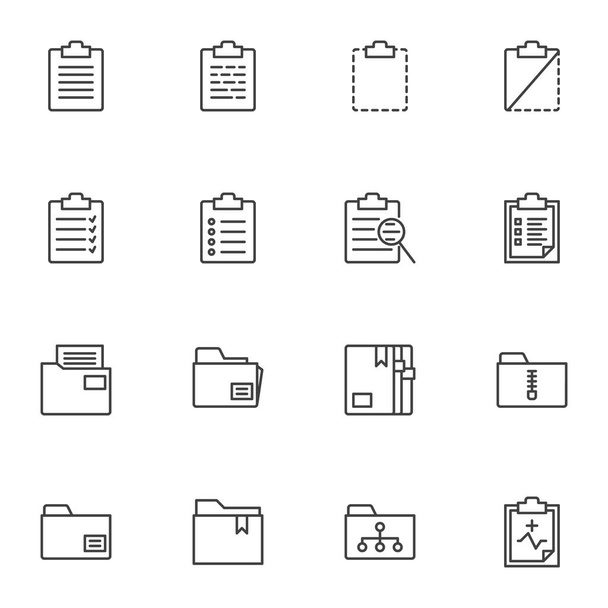 Document folders line icons set. linear style symbols collection, outline signs pack. vector graphics. Set includes icons as archive file, history search, list page, contract form, bookmark, clipboard - Vektör, Görsel