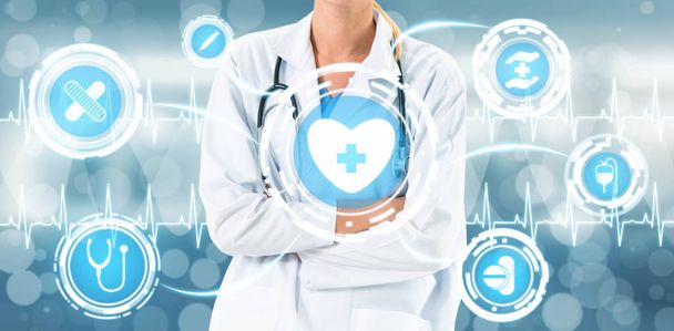 Medical Healthcare Concept - Doctor in hospital with digital medical icons graphic banner showing symbol of medicine, medical care people, emergency service network, doctor data of patient health. - Φωτογραφία, εικόνα