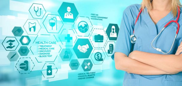 Medical Healthcare Concept - Doctor in hospital with digital medical icons graphic banner showing symbol of medicine, medical care people, emergency service network, doctor data of patient health. - Photo, Image