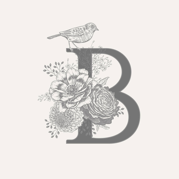 Letter B, luxury peonies, decorative herbs, cute flowers and bird isolated. Vector decoration. Black and white. Vintage illustration. Floral pattern for greetings, wedding invitations, text design - Vektör, Görsel