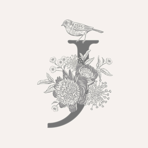 Letter J, luxury peonies, decorative herbs, cute flowers and bird isolated. Vector decoration. Black and white. Vintage illustration. Floral pattern for greetings, wedding invitations, text design - Wektor, obraz