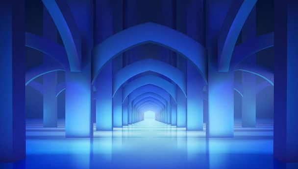 A long hall in a historic interior with columns. Stage before the fashion show in the gallery. Fashion runway. Vector illustration. - Vector, Image
