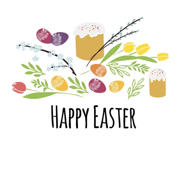 Ilustração vetorial Páscoa com Páscoa coleção de símbolos tradicionais bolo de Páscoa e ovo, flores da primavera
 - Vetor, Imagem