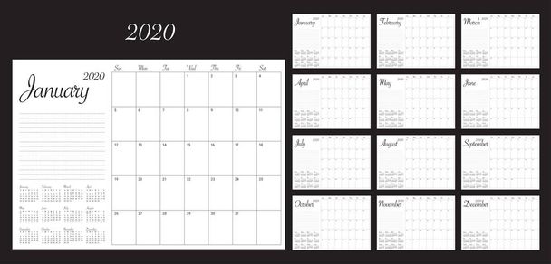 Rok 2020 biurko wektor kalendarz ilustracja, prosty i czysty projekt. - Wektor, obraz