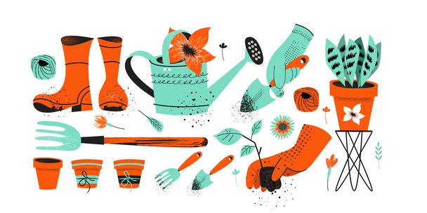 Jardinería y floricultura. Un conjunto de herramientas para el jardinero. Ilustración vectorial plana sobre fondo blanco con texturas vintage
. - Vector, imagen