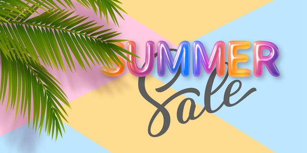 Summer Sale banner with 3d colorful letters, handwritten calligraphy and palm leaves. Promo design for seasonal discount. Vector illustration. - Wektor, obraz