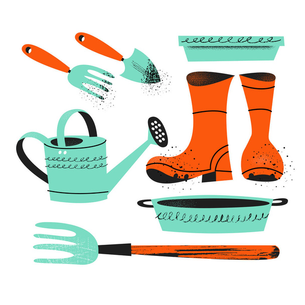 Un ensemble d'outils pour le jardinier. Illustration vectorielle plate avec textures vintage
. - Vecteur, image