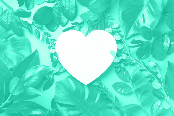 Creative layout made of tropical leaves, heart shaped paper in mint color. Trendy green and turquoise color. Flat lay. Top view. Mock up - Photo, image