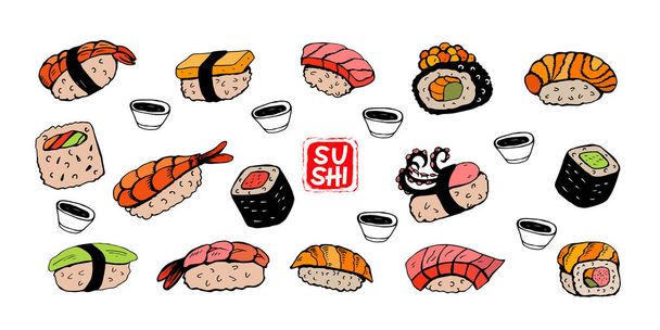 Σούσι ρολ, μαύρο διανυσματικό σχέδιο. Διαφορετικά είδη σούσι: μάκι, νιγκίρι, γκουνκάν, τεμάκι. Ιαπωνικά στοιχεία σχεδιασμού μενού τροφίμων - Διάνυσμα, εικόνα