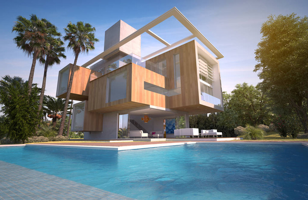 3D rendering of a Wood and stone luxury villa with pool and exotic garden - Photo, Image