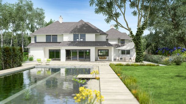 3D rendering of a big beautiful villa with pool and garden - Foto, Imagen