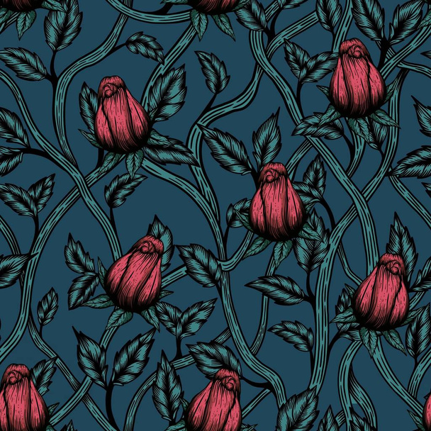Seamless floral pattern with rose blossom in art nouveau style, modern, tatoo, vintage, old, retro style. Colored illustration. In blue and pink colors - Photo, Image
