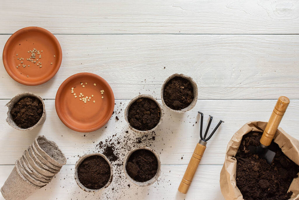 Eco friendly pots for seedlings on a white wooden background, planting tomato and pepper seeds, small bag with ground and garden trowel and garden shovel - Foto, afbeelding