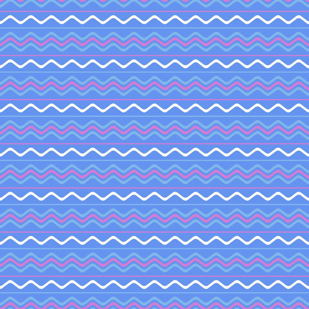 ジグザグ装飾と抽象的なシームレスパターン。青い背景に水平方向の白と紫の波。トレンディなモダンなフラットデザイン。壁紙デザイン、カバー、テキスタイル、ラップペーパーのためのテクスチャを繰り返します. - ベクター画像