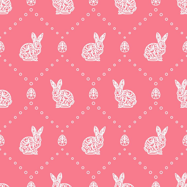 Pembe arka planda mutlu bir Paskalya günü için kusursuz bir desen. Haçlı beyaz yumurtalar ve dantel süslemeli tavşanlar. Duvar kağıdı tasarımı için tekrarlanan doku, web sitesi, baskı, tekstil. Vektör. - Vektör, Görsel