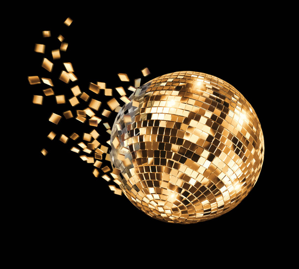 Vintage disco spiegel bal breken in gouden vliegende glazen fragmenten op zwarte achtergrond - Foto, afbeelding