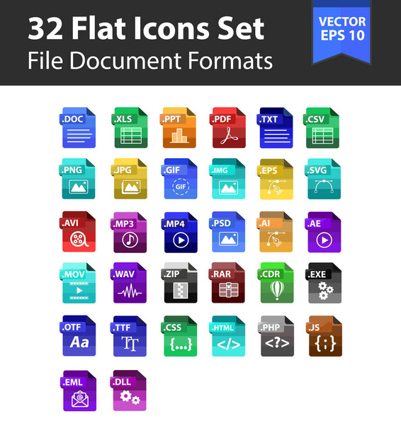 32 Formatdateien Dokument, Musik, Video, Schrift, Designerweiterung Icon Flaches Design-Vektorillustrationspapier - Vektor, Bild