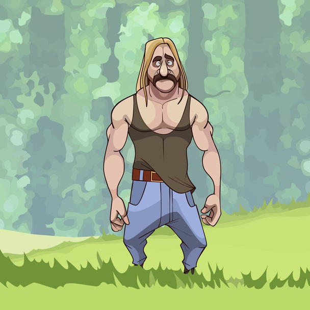 cartoon muscular mustachioed long haired sad man in green forest - Vettoriali, immagini