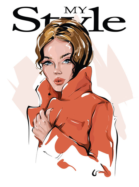 Hand drawn beautiful young woman in orange jacket. Stylish girl. Fashion woman look. Sketch. Vector illustration. - Vektor, Bild