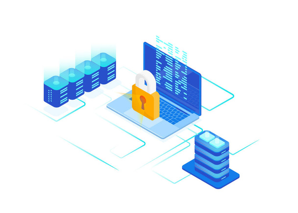 Cyber security concept of isometric computer with protect lock from cyber attack, antivirus. Mining, blockchain. Database server. Vector illustration - Vector, Image