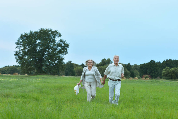 Happy beautiful senior couple running in summer field - Foto, imagen
