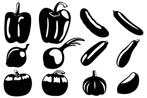 Ein Set mit zwölf verschiedenen Gemüsesorten. Paprika, Zucchini, Zwiebeln, Gurken, Zucchini, Knoblauch, etc. Vektorillustration. - Vektor, Bild